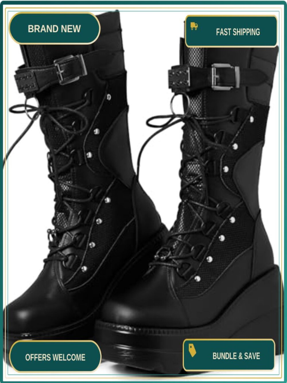 Mid Calf Chunky Wedge Platform Boots PU Leather Lace Up Goth Rave Boots